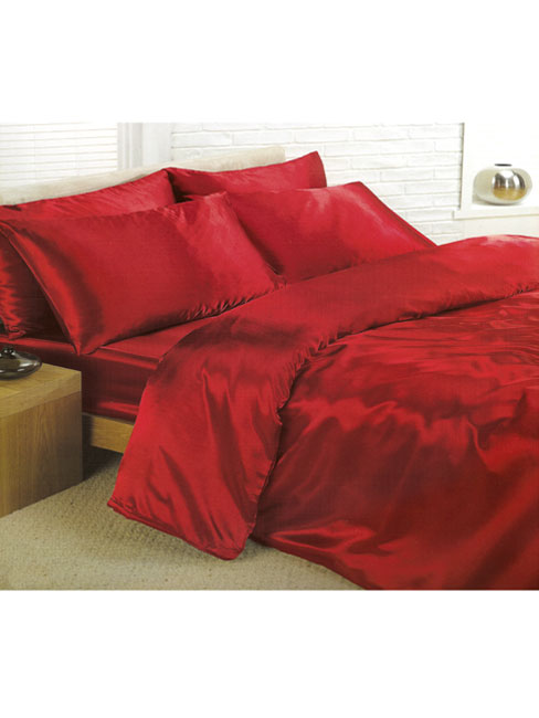 Generic Red Satin Super King Duvet Cover, Fitted Sheet