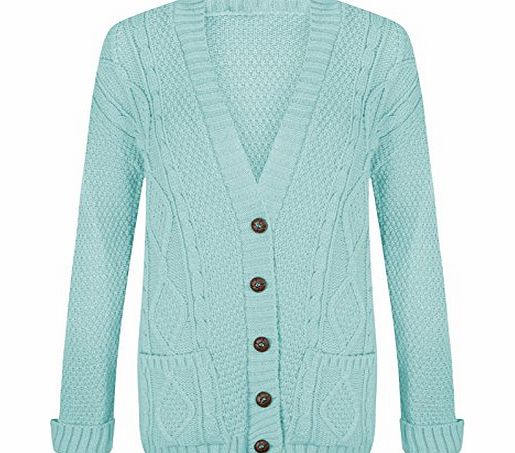 Generic Women Ladies Long Sleeve Button Top Chunky Aran Cable Knitted Grandad Cardigan (M/L (12-14), Aqua)