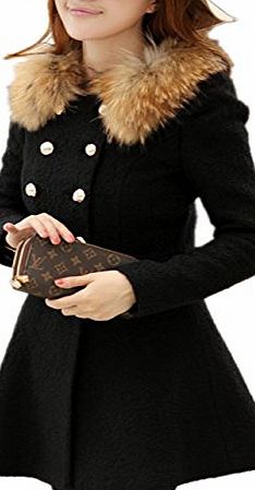 Generic Women Woolen Winter Double Breasted Faux Fur Collar Coat Jacket Trench Outwear (Black, UK_8)