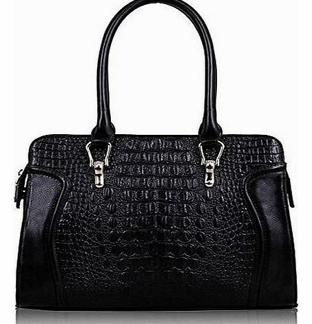 Generic Womens Ladies Designer Celebrity Shoulder Bags Faux Leather Satchel Handbags (Black Embossed Croc Sa