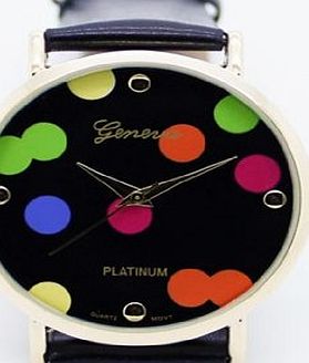 2 Color Fashion Colorful Dots Dial Geneva Women Ladies Rose Gold Leather Quartz Wrist Watch Gift Watch Free Shipping Platinum (black)