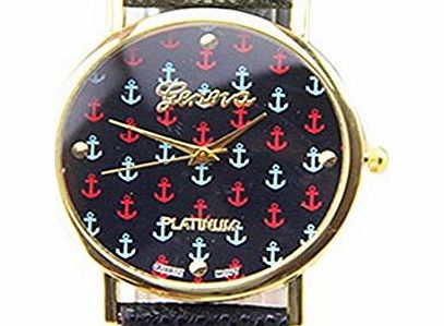 Fashion Ladies Women Printed Dial Faux Leather Quartz Wrist Watch (Black)