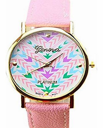 Fashion Ladies Women Printed Dial Faux Leather Quartz Wrist Watch (Pink)