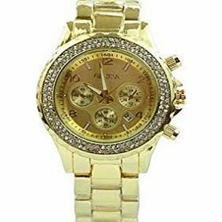 Geneva Ladies Retro Design Diamante Face Geneva Blingy Gold Plated Wrist Designer Watch With One Extra Battery