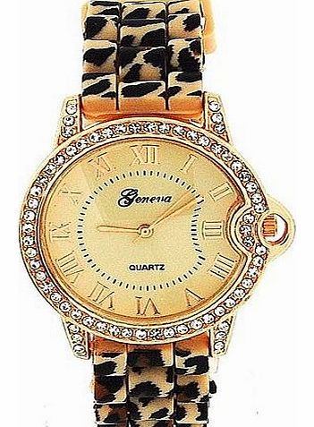 Geneva Ladies Rose Gold Beige Leopard Print Silicone Fashion Watch GE0642B