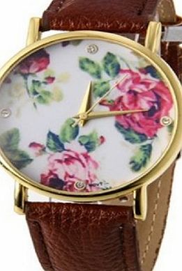 New Fashion Brand GENEVA Platinum Rose Flower Rhinestones Leather Watch Women Ladies Rose Gold Dress Watch Quartz Watches (White)
