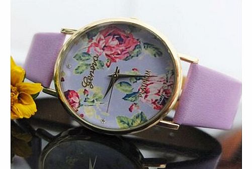 Top Fashion Geneva Platinum Gold Trend Rose Flower Dial Leather Strap Women Ladies Quartz Wrist Watch Dress Gift Watch Purple
