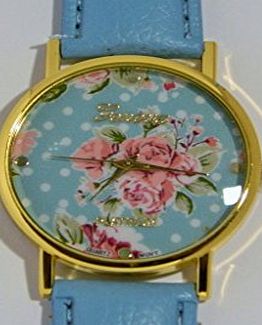 Geneva Womens Gold Plated Floral Flower design dial Geneva PU Leather strap Quartz Watch (Pale Blue strap G4)