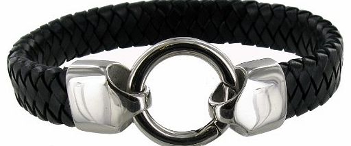 Gentlemans Gifts Online Stainless Steel Thick Black Bangle With Round Clasp (made from real leather)