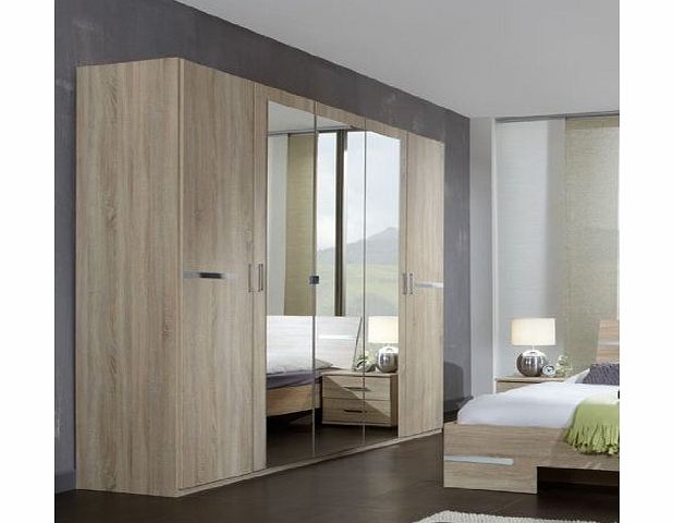 Germanica BAVARI Bedroom Furniture: 5-Door Wardrobe in Mirrored and Washed Oak Colour [Includes Full Assembly Service]