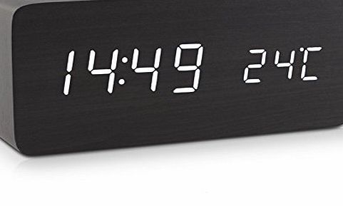 Gernanery Led Alarm Clock, Gernanery Wooden Style Time and Temperature Dual Display Digital Alarm Clock with White Led Activated by Touching or Voice Control-Energy Saving (Black)