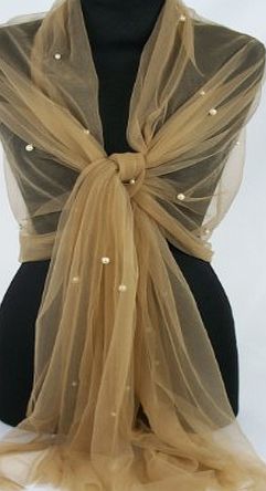 GFM z Seconds - GFM Pearl Embellished Scarf (PL-HLBRN-010) in Sheer Fabric Evening Wear Wrap Shawl Stole Scarf