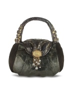 Black Embellished Python and Calf Leather Evening Hobo Bag