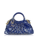 Blue Quilted Patent Leather Large Satchel Bag