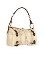 Front Tassel Cream Suede and Leather Hobo Bag