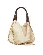 Jeweled Beige Suede and Reptile Leather Hobo Bag