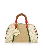 Quilted Beige and Brown Leather Trim Bauletto Bag