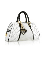Quilted White and Black Leather Trim Bauletto Bag