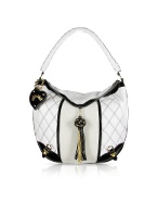 Quilted White and Black Leather Trim Hobo Bag