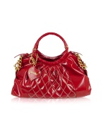Red Quilted Patent Leather Large Satchel Bag