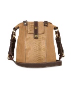 Tan Croco Stamped Suede and Leather Cross-Body Bag