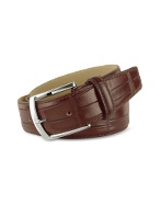 Men` Dark Brown Croco Stamped Italian Calf Leather Belt