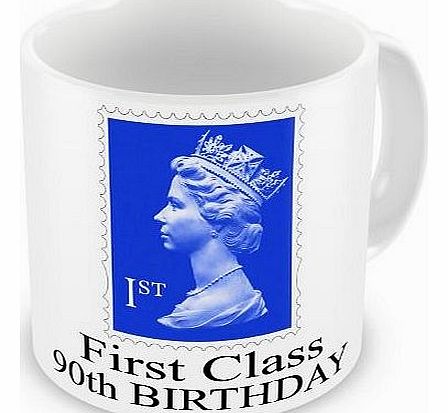 First Class 90th BIRTHDAY Novelty Gift Mug - Blue
