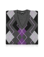 Menand#39;s Gray and Purple Argyle Wool and Cashmere Sweater
