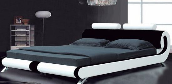 Giomani Designs Italian Designer Double Black and White Faux Leather Scroll Bed