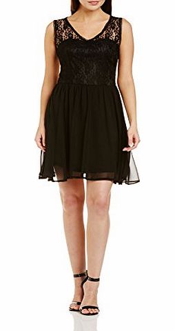 Girls On Film  Womens Lace Insert Fit and Flare Sleeveless Dress, Black, Size 8
