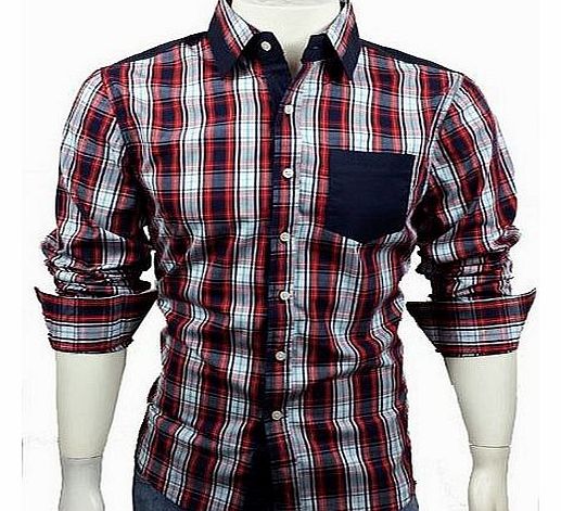 Mens Casual Long Sleeve Dress Shirt (M, Checks & Navy Pattern #33)