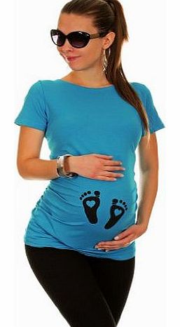 Glamour Empire Maternity Pregnancy Baby Love Footprint Cotton T-Shirt Top 527, Cyan, UK 10/12