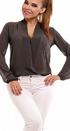 Glamour Empire Womens Wrap Front Blouse Chiffon Top. Puff sleeves. V Neck. 970 (Graphite, 10)