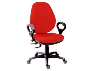 High back operator chair with distinctive back design. Contoured back with wide lumbar support. Deep
