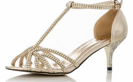 Gold Diamante Low Heel Sandals