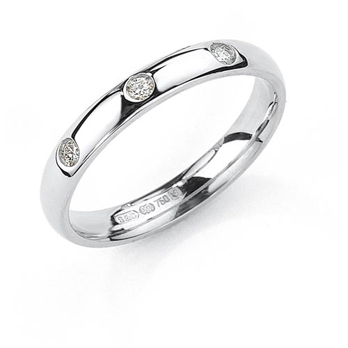 3mm Three Stone Court Shape Band Ring Wedding Ring In 18 Carat White Gold