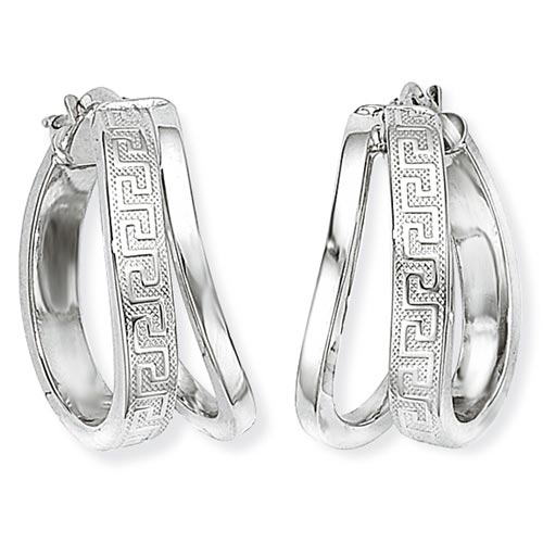 Square Tube Hoop Earrings With A Greek Key Motif In 9 Carat White Gold