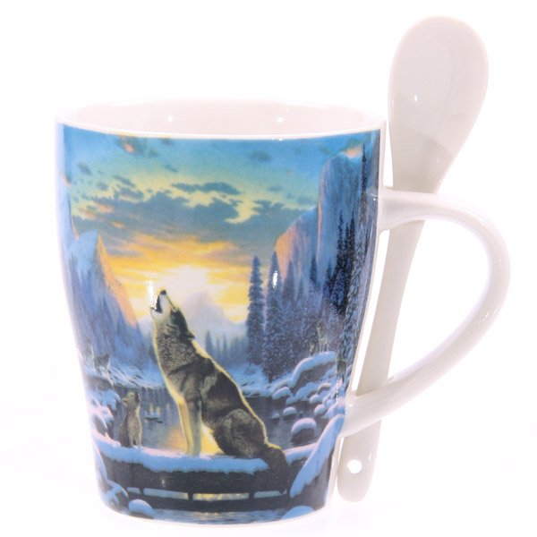 China Mug amp; Spoon Set, Sitting Wolf