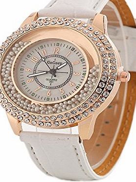 Gossip Boy Women Fashion Designer Quartz Watch with White Leather Band Ladies Rhinestone Wristwatch Diamond - Crystal Circle Bezel Drifting Small Beads Decoration