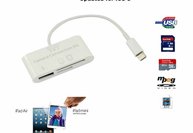 Genuine GPM 3-in-1 OTG Memory Card Reader/ 8 PIN Digital Camera Connection Kit with 130 MM Convenient Cable and USB 2.0 Port for Apple iPad 4/5/Air/ iPad mini/iPad mini 2 with retina display | Support