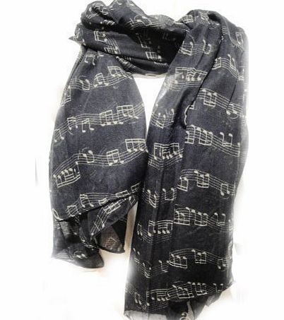 Graces Accessories Music Scarf - Musical Piano Violin Notes Classical Mozart Style Crotchet Quaver Scarf (Black)