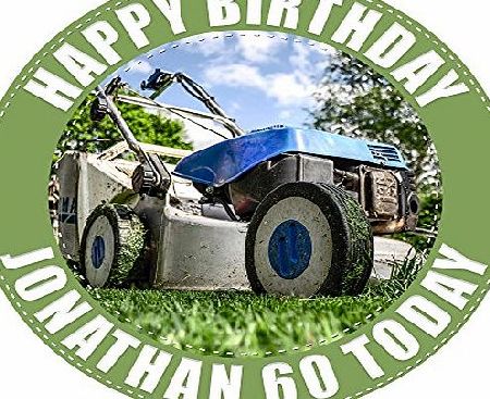 Graphic Flavour Gardening Lawn Mower Cake Topper 7.5`` Inch PERSONALISED Edible on Icing Sheet with HIGH RESOLUTION BACKGROUND IMAGE