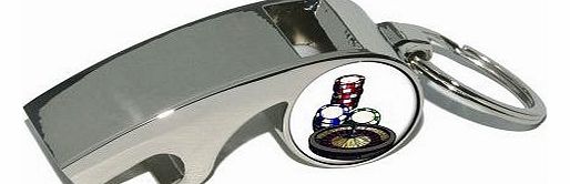 Roulette Wheel Table - Poker Chips Gambling Vegas - Plated Metal Whistle Bottle Opener Keychain Key Ring
