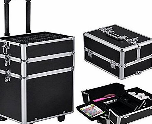 Greatdeal Large 4 in 1 Make up Artist Train Case Beauty Cosmetics Trolley Aluminum Board w/ Extendable Trays (Black)