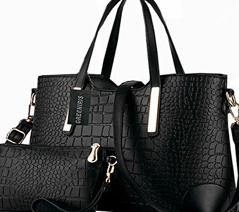 Greeniris Ladies PU Leather Handbags Purse Fashion Shoulder Bags Totes Handbags for Women with Matching Wallet Purse 2 Pieces Set Black
