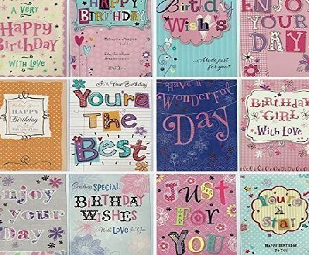 Greetingles 12 Large Words Floral Design Trendy Happy Birthday Cards with Envelopes Assorted Designs