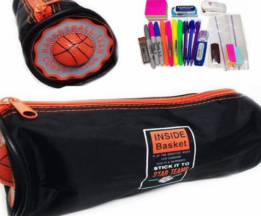 Grids Basketball Design Boys Pencil Case Kids School Stationery Black Cylinder Shape Canvas Colour Pens Carrier