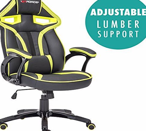 GTFORCE ROADSTER 1 SPORT RACING CAR OFFICE CHAIR, LEATHER, ADJUSTABLE LUMBAR SUPPORT GAMING DESK BUCKET (Green)