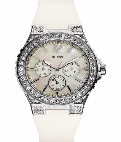 Guess Overdrive Glam Womens Quartz Watch with Mother of Pearl Dial Analogue Display and White Rubber Strap W14555L1