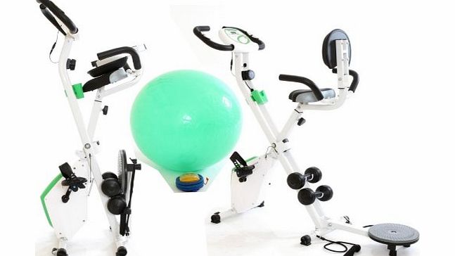 4in1 Fitness X Bike Home Workout Gym Master Exercise Machine in White & Green with 3kg Flywheel, Twister, Dumbbells, Power Cords and Back Support